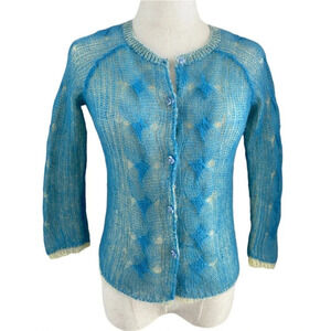 Free people blue open knit mohair blend button up cardigan beachy grandmacore SM